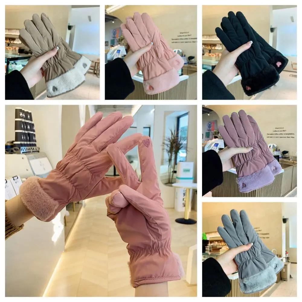 

Simple Warm Winter Gloves Thicken Skiing Heart Embroidery Gloves Five Finger Korean Outdooor