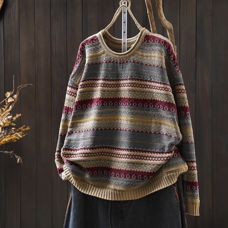 

Women Long Sleeve Knitted Pullovers New Arrival 2025 Autumn Simple Style O-neck Colorful Striped Female Casual Sweater M2055