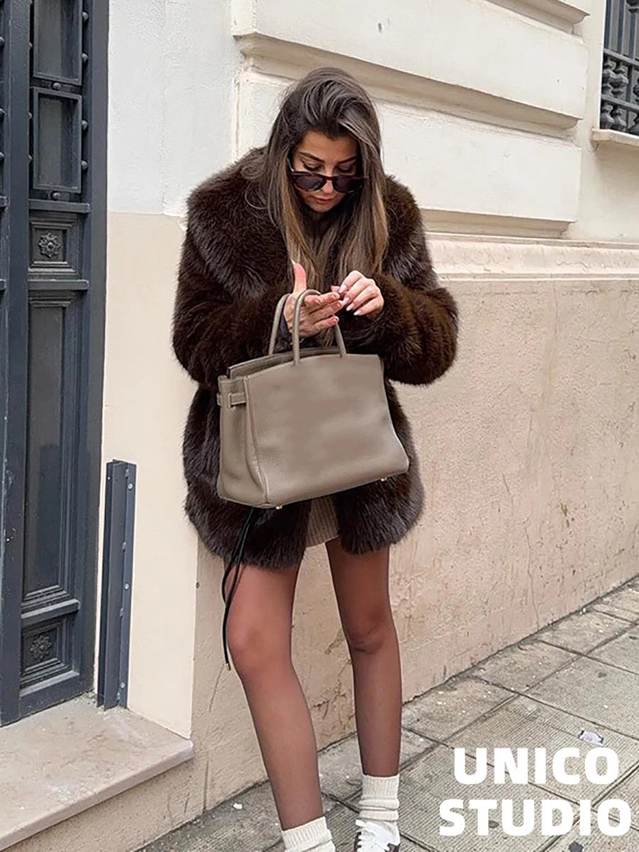 Casaco de pele sintética Street Sle com cinto e gola superior da Iuencer Trendy Thiened solto ajuste comprimento médio longo casaco Sve