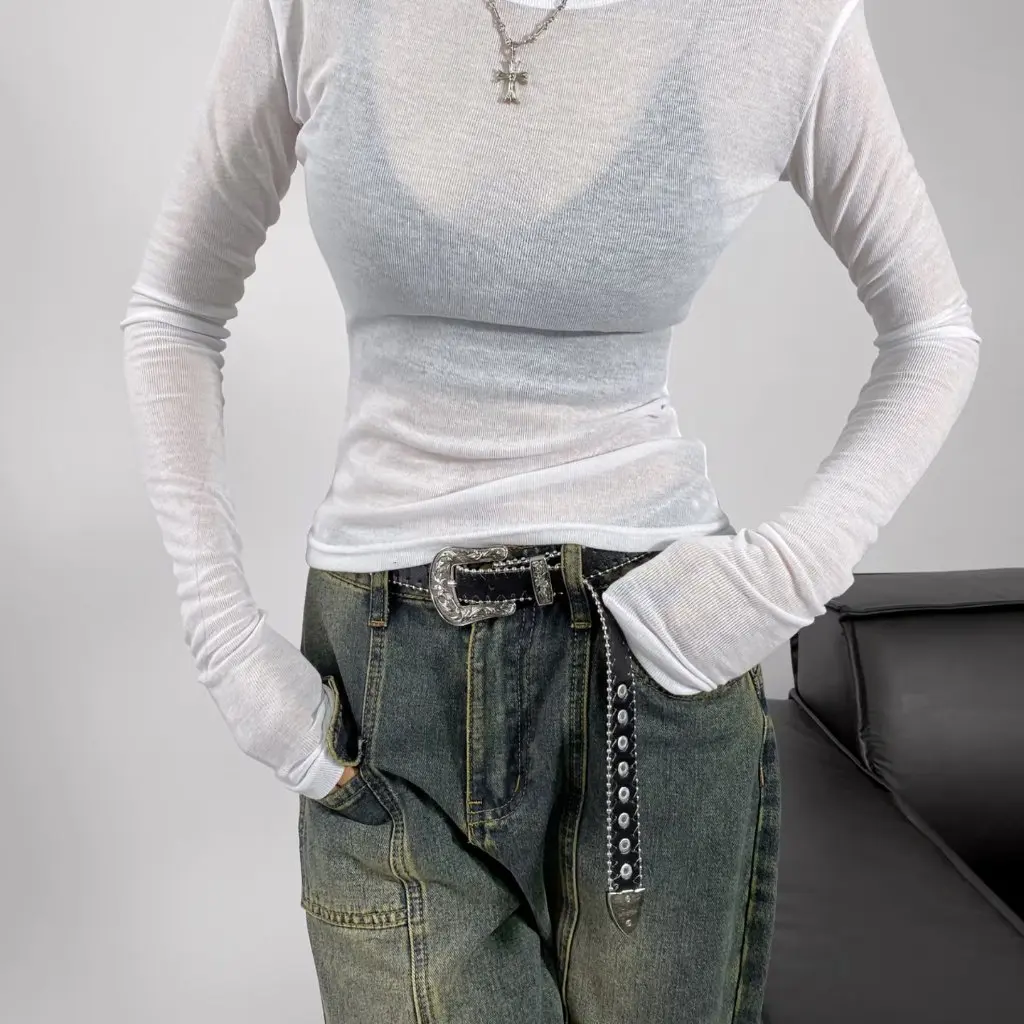 

Women's Lightweight Cashmere Feel Long-Sleeved T-Shirt round Neck Slim Fit Bottoming Top for Autumn Hot Girl Temperament