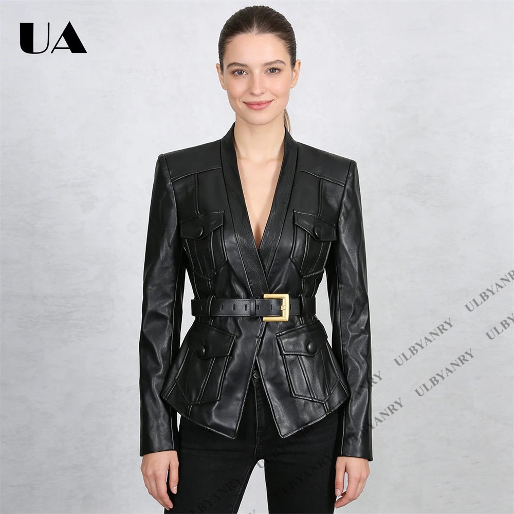Women’s Black Faux Leather Blazer with Asymmetric Belt & Gold Buckle, Multi-Pocket Design, Edgy Streetwear or Night Out Jacket