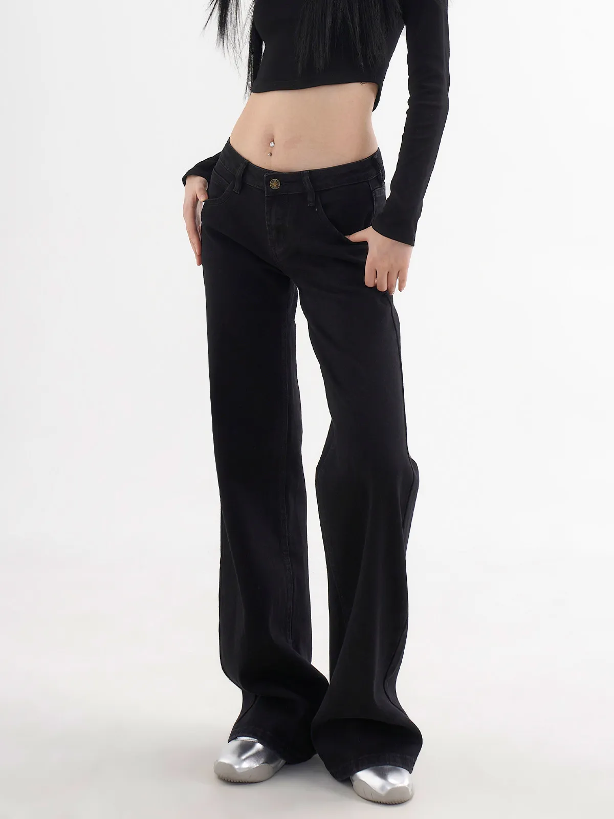 

Women Black Low Rise Denim Pants Bootcut Jeans Y2k Harajuku Stacked Jean Skinny Bell Bottom Jeans