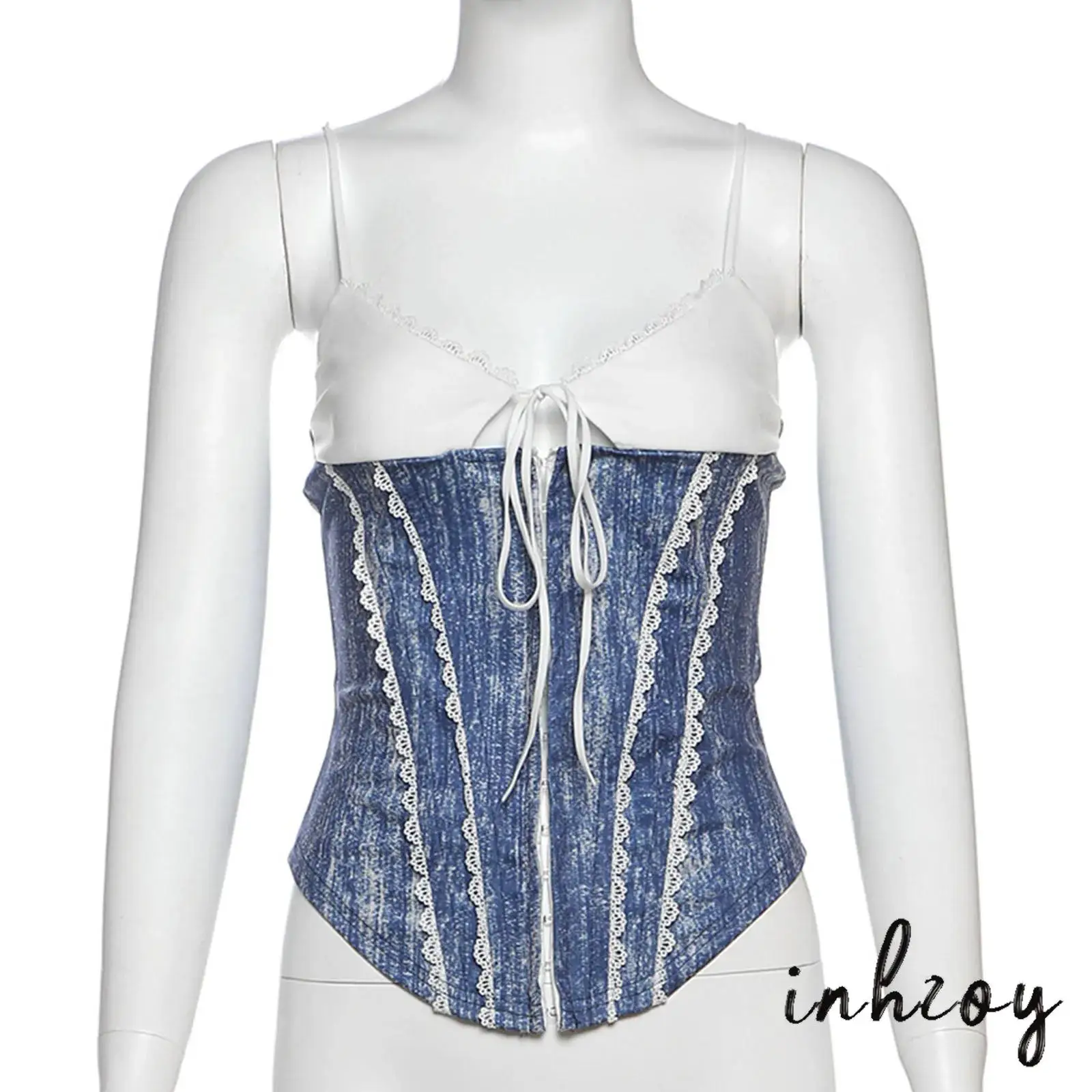 

Women Sexy Retro Casual Lace Trim Color Block Camisole Spaghetti Straps Slim Fit Backless Lace-up Asymmetrical Hem Crop Top