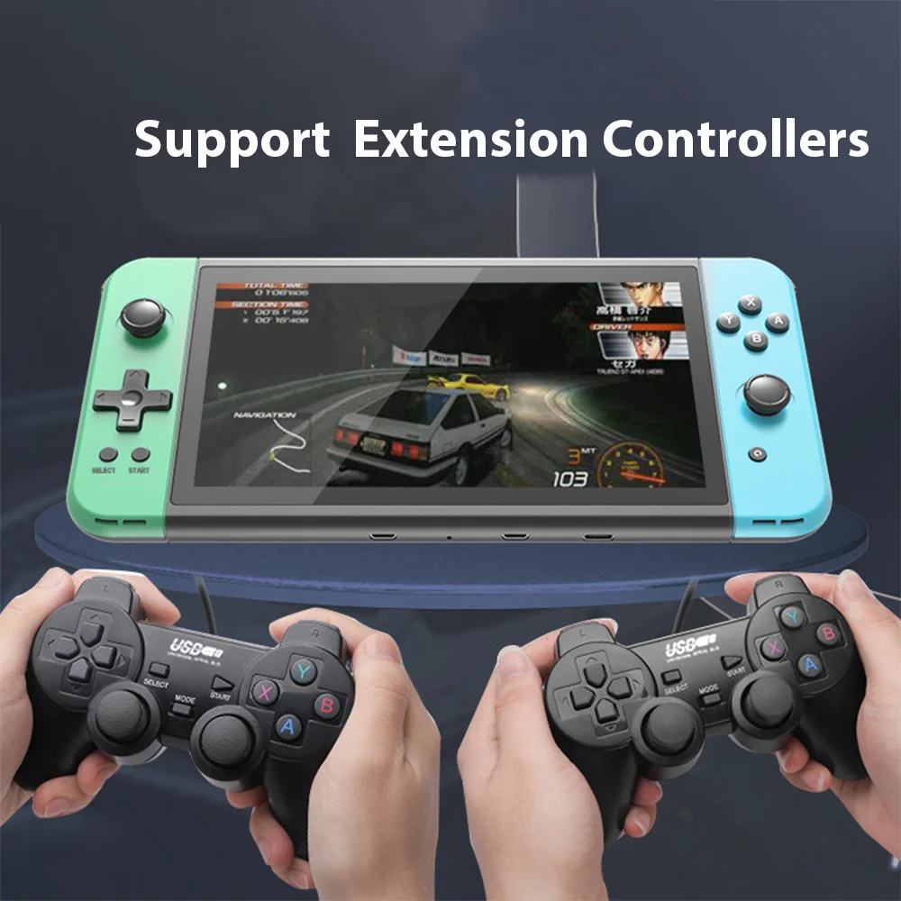 Tolex-X70 وحدة تحكم الألعاب المحمولة ، اللون الأخضر والأزرق ، 7.0 "شاشة TN ، 64G ، 5700 ألعاب ، محاكاة HD ، تلفزيون الإخراج ، وحدة تحكم ألعاب الفيديو