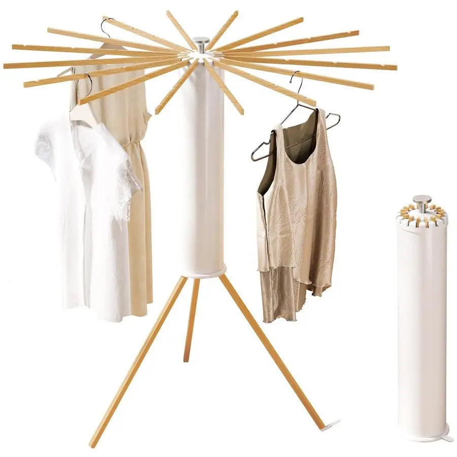 

Tripod Clothes Drying Rack,Beechwood amp Portable Laundry Stand, SpaceSaving Collapsible Hanger with 16 Arms for Indoor amp Outd