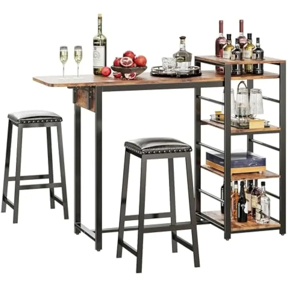 

3-Piece Bar Table Set for 2, 47 inch Bar Table with Drop Leaf & Stools & 3 Storage Shelves, Small Kitchen Table for