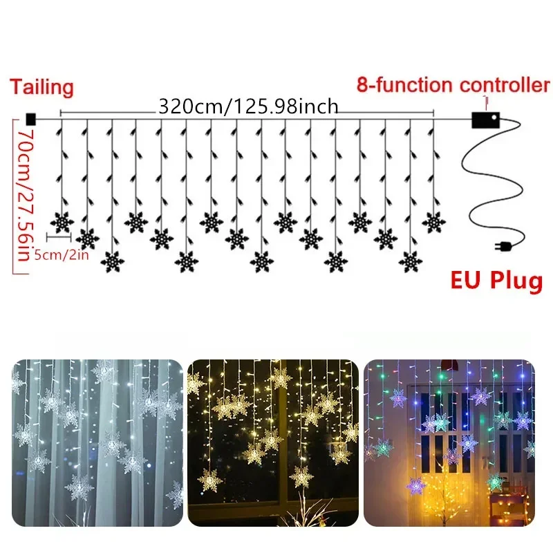 Outdoor Light Garland for Home Garden Party Decoration Christmas Lights EU Plug LED Snowflake Curtain Icicle Fairy String Lights