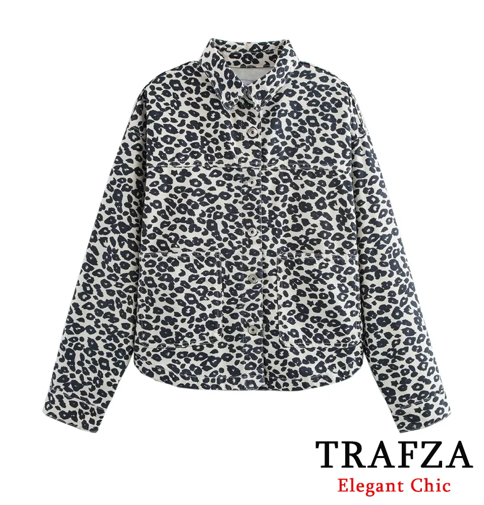 TRAFZA  Animal Print Denim Jacket Women's Lapel Buttons Pockets Jacket New 2024 Autumn Fashion High Street Jacket