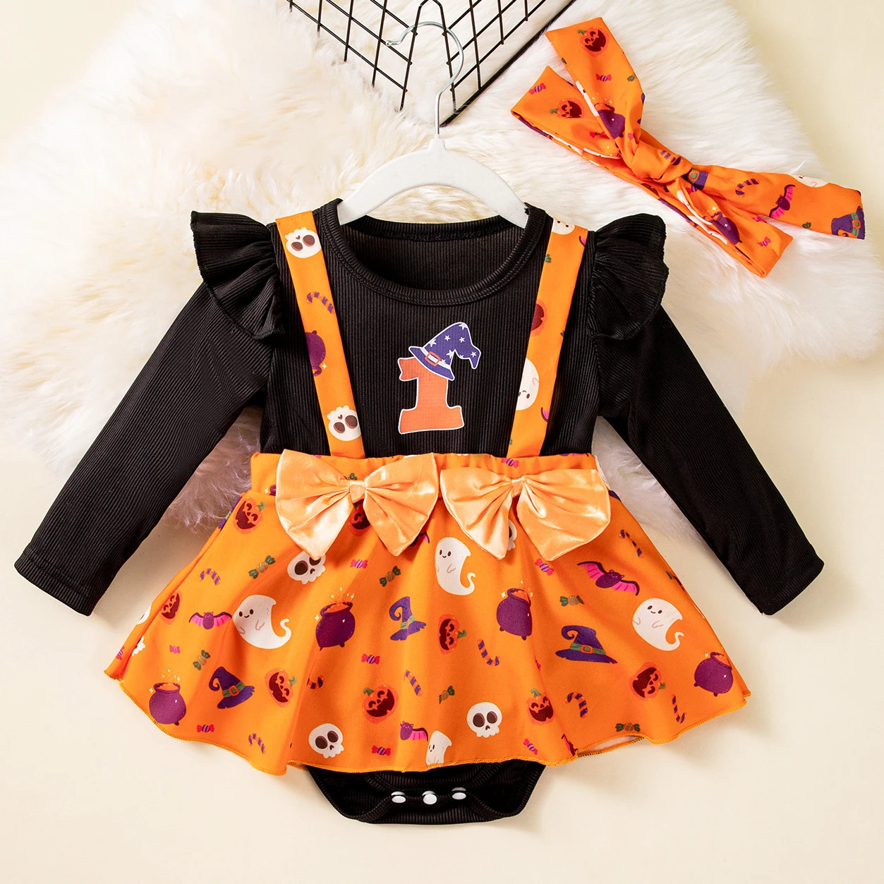 Baby Girl First Halloween Dress Long Sleeve Faux Two-piece Litter Girl Dresses with Headband Princess Halloween Party Clothes