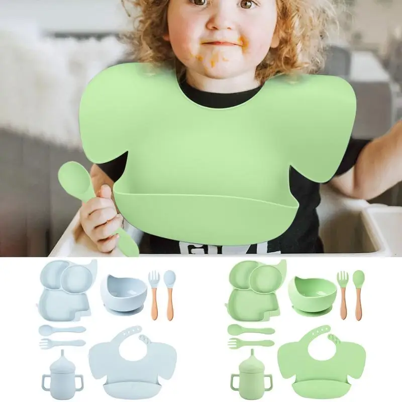 

Silicone Baby Feeding Set With Suction Baby Plates And Utensils Set Baby Led Weaning Utensils With Suction Plate Bib Cup Spoon