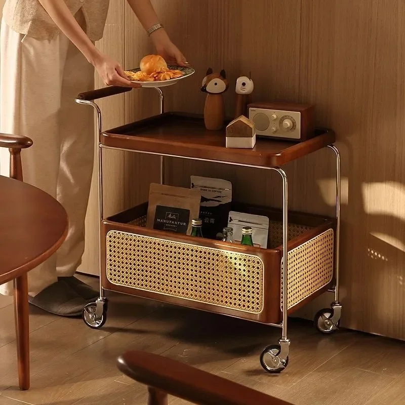 Solid wood mobile pulley edge few stainless steel storage medieval trolley living room storage coffee table