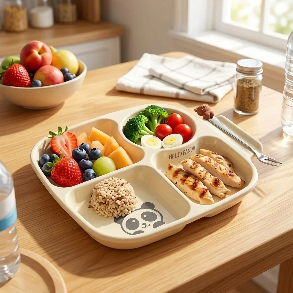 Cute 4 Grid Portion Control Plate Reusable Plastic Divided Fruit Salad Plates for Adults Kids Food Dish Tableware with Handle