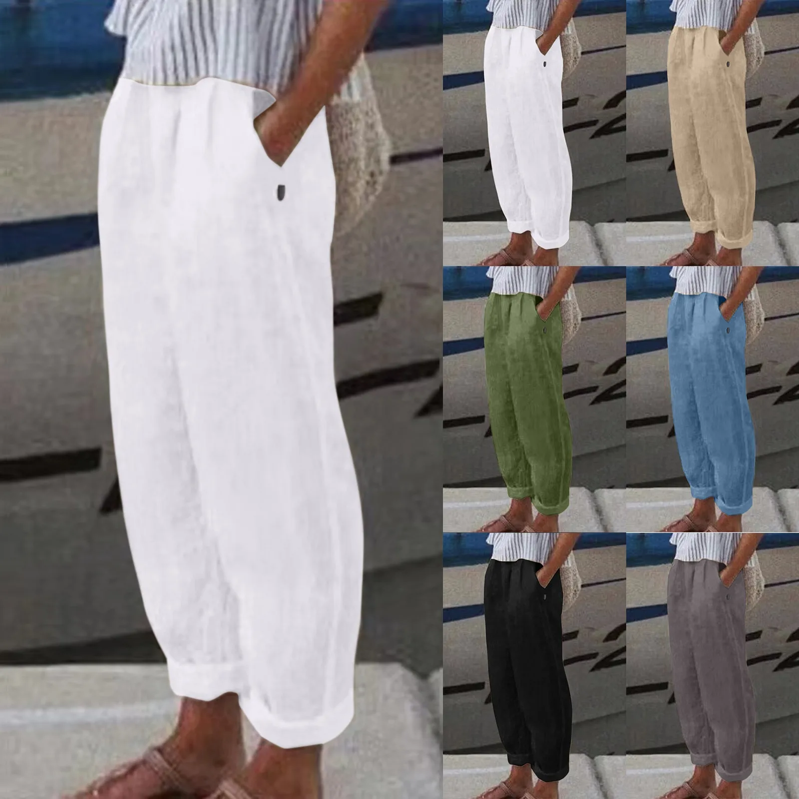 

White Cotton Linen Pants For Women 2024 Fashion Loose Full Length Ladies Trousers Casual Elastic Waist Wide Pants For Women