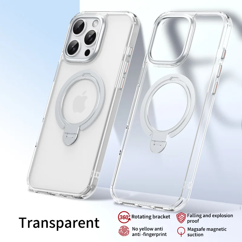 

Phone Case for iPhone 17 Pro Max 16Plus 15 14 13 Transparent Protective Case Magnetic MagSafe Rotating Bracket Shock Proof Cover
