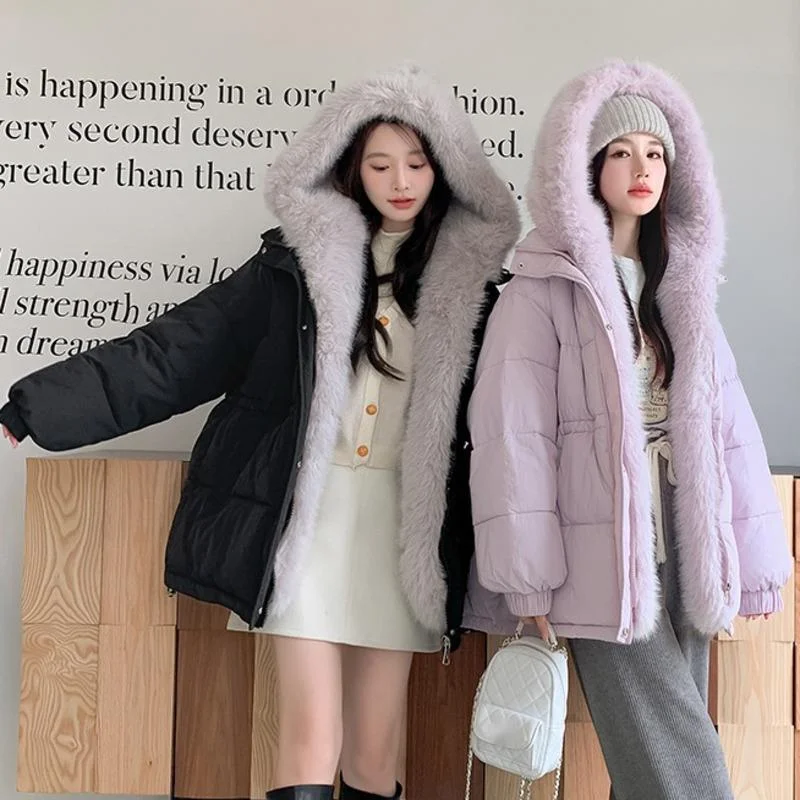 [EWQ] Detachable Big Fur Collar Long Sleeve Hooded Cotton-padded Coat Women Winter Keep Warm Parkas Overcoats 2024 New 16O3243