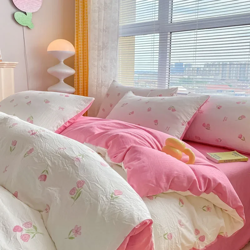 

Romantic Rose Pink Bedding Set with Flat Sheet Pillowcase Twin Full Queen Bed Linen Kids Girls Floral Duvet Cover No Filling