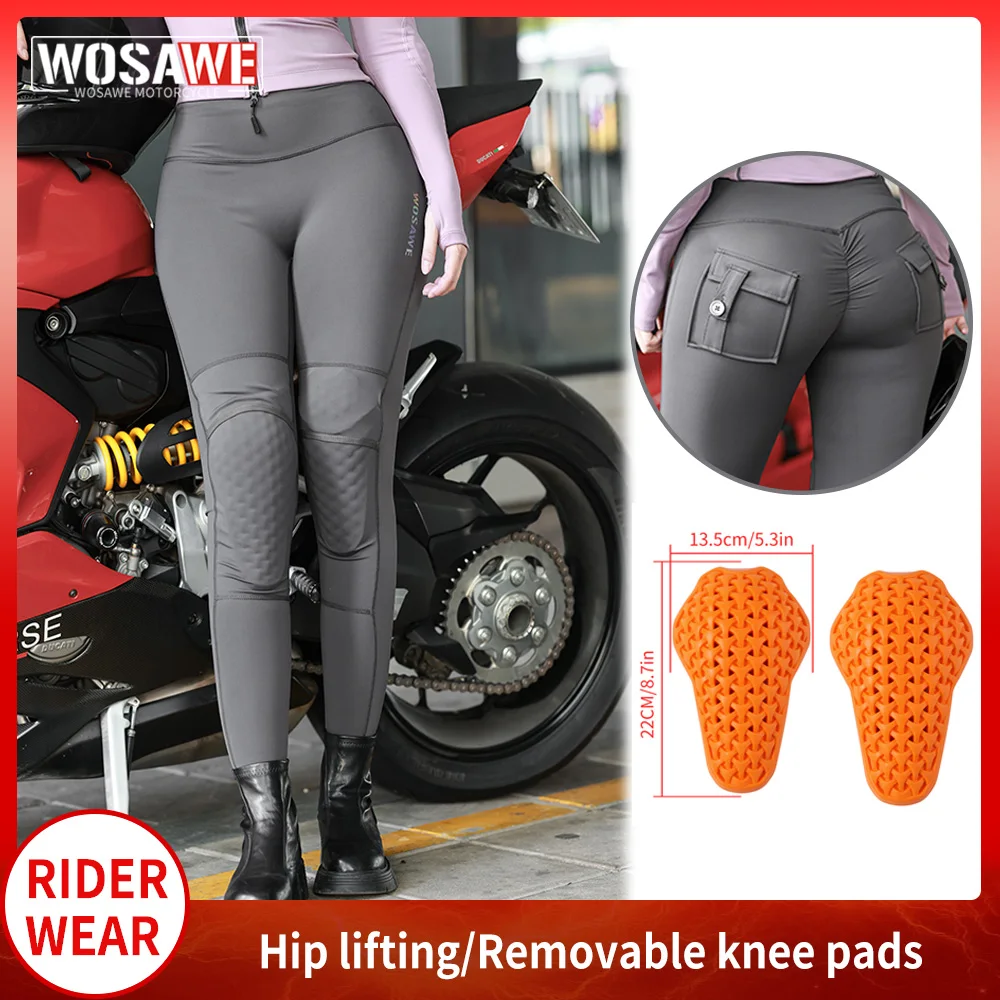 WOSAWE Women Motorcycle Pants High Waist High Stretchy Butt Lifting Pants With Kneepads Fitness Pants Honey Peach Hip Leggings