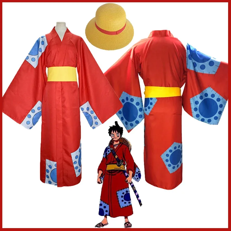 

Anime Piece Pirate Luffy Cosplay Costumes Monkey D Luffy Wano Country Arc Hat Kimono Carnival Party Adult Red Yukata Outfit