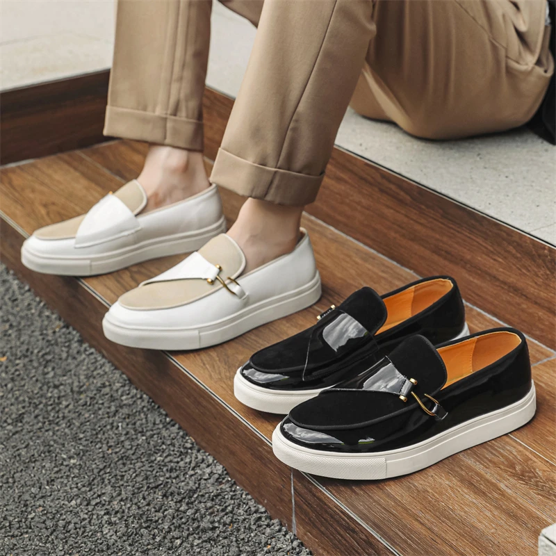 

Men Fashion Vulcanized Shoes Black and White Double Hook Board Shoes British Gentleman Shoes European Station Casual Leather Sho