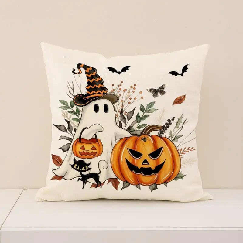 2 Stück Halloween Orange Kissenbezüge mit Geister- und Kürbisdruck aus Polyester, bequeme Dekoration für Sofakissen. – Detail 9