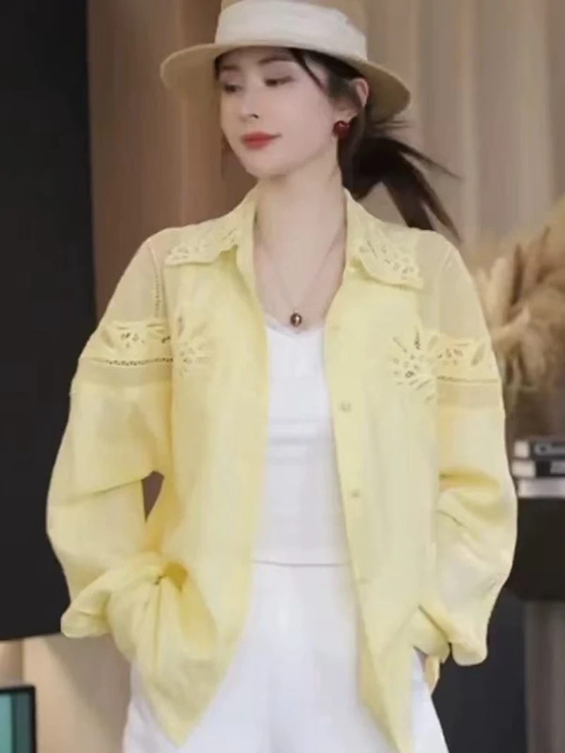 

Luxury Sequined Hollow Out Embroidery Yellow Cotton Blouses Shirts Women New Trend Long Sleeve Causal Tops Camisas De Mujer