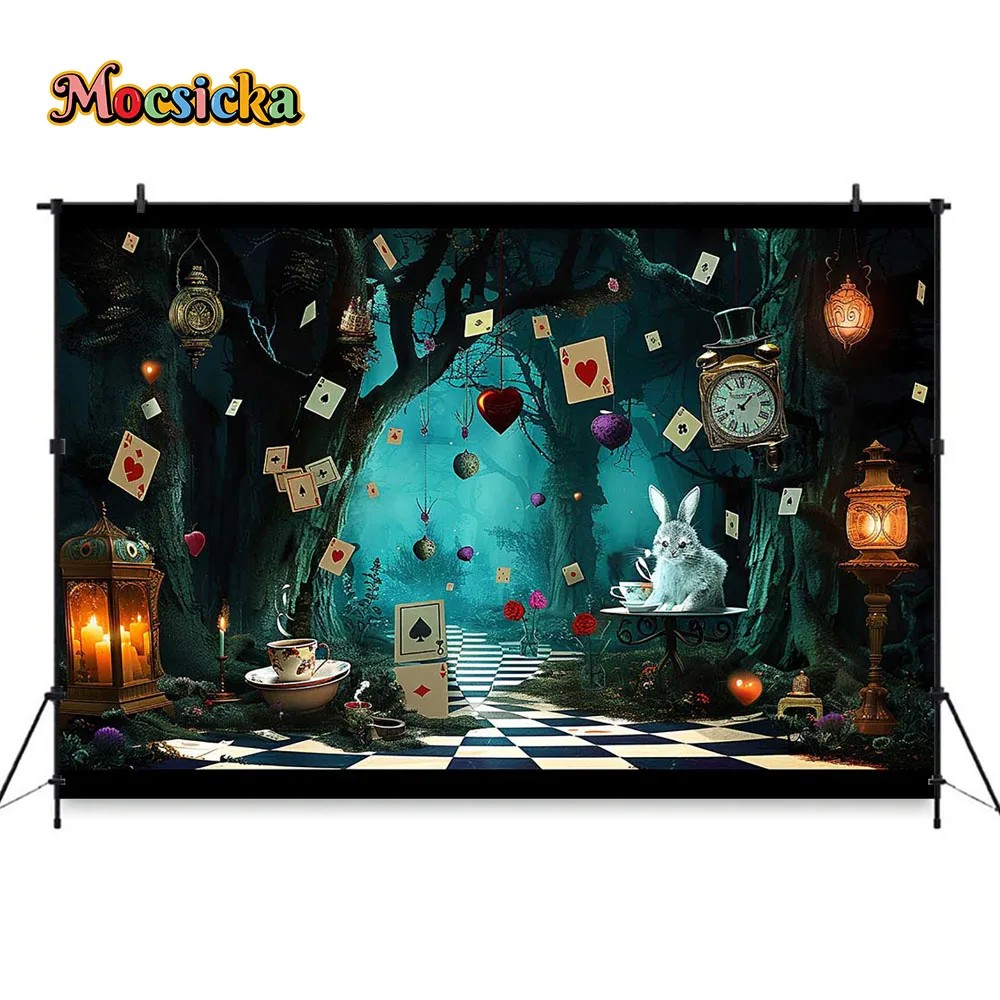 Alice Wonderland Birthday Party Background Girls Forest Night Tea Party Backdrop Clock Poker Floor Decoration Children Photocall