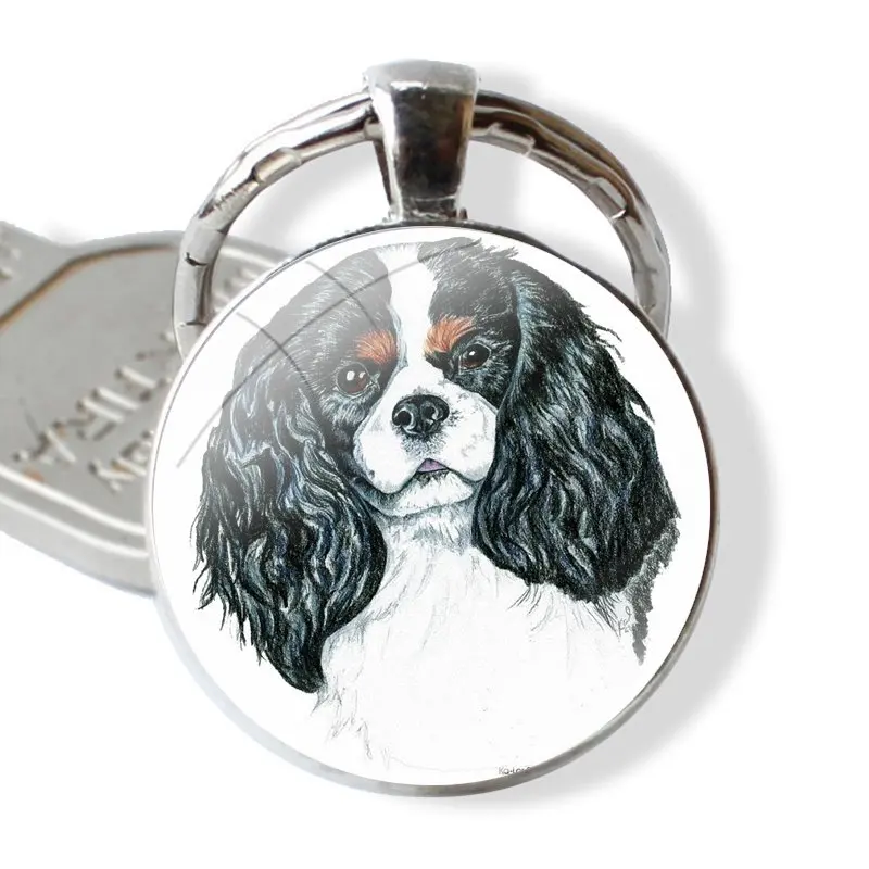 Keychain Handmade Glass Cabochon Key Ring Holder Pendant Key Chains Cute Cavalier King Charles Spaniel Dog