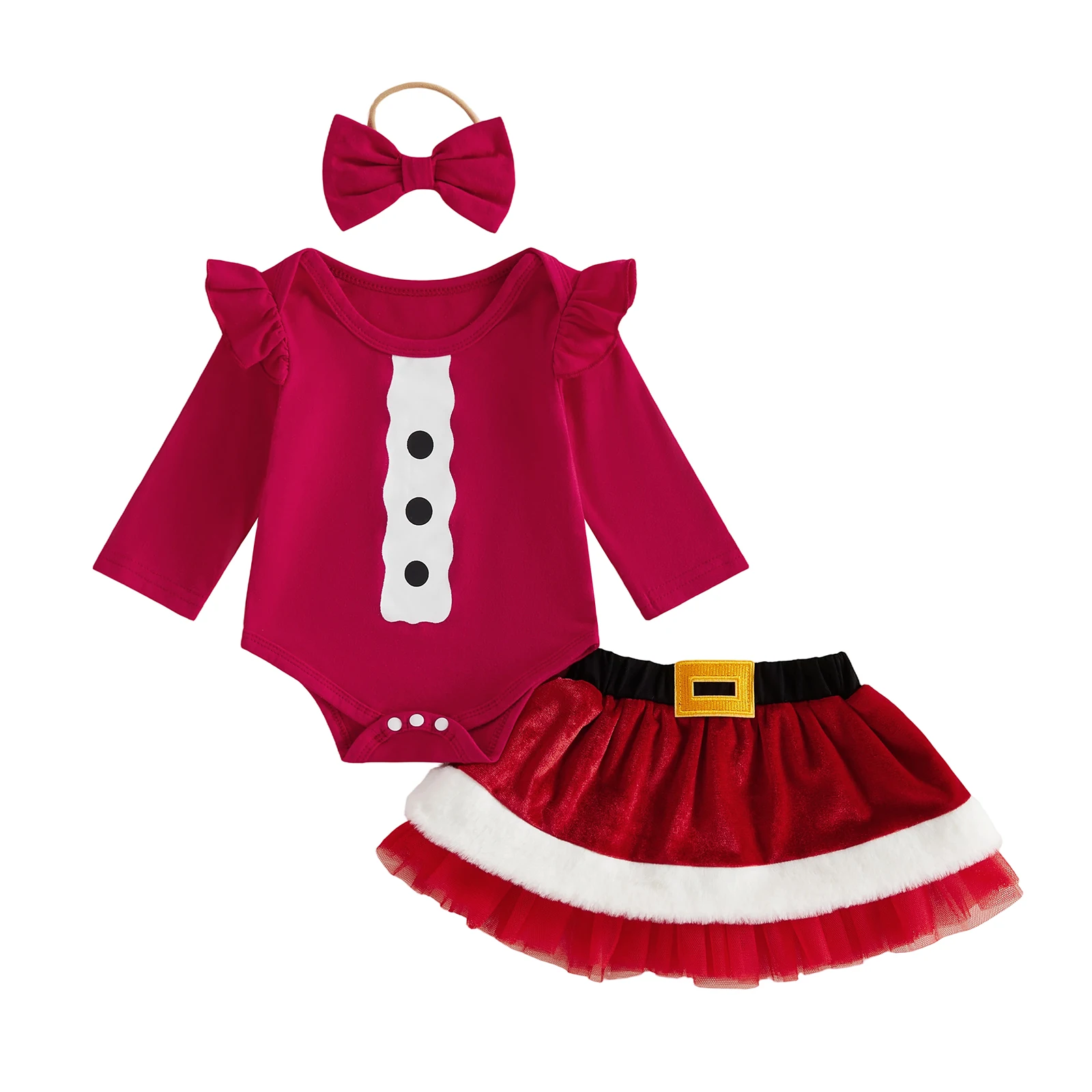 Baby Girl Christmas Outfit Long Sleeve Romper Skirt Headband Set