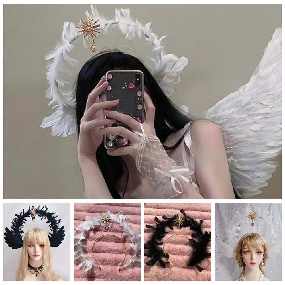 Moda Dea Piuma Fascia Stella Sole Ala d'angelo Cerchietto per capelli Copricapo a doppio strato Fasce per capelli Lolita Bambini