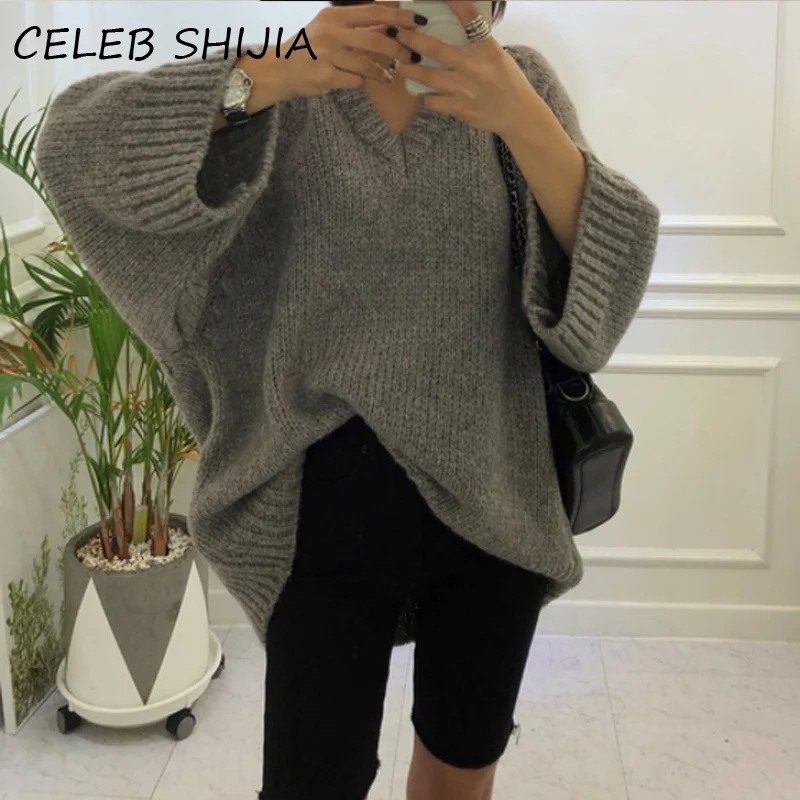 

SHIJIA 2023 CHIC Fashion V-neck Sweater Woman Pullover Loose Casual Full Sleeve Knitted Jumper Female Autumn Winter Knitwear