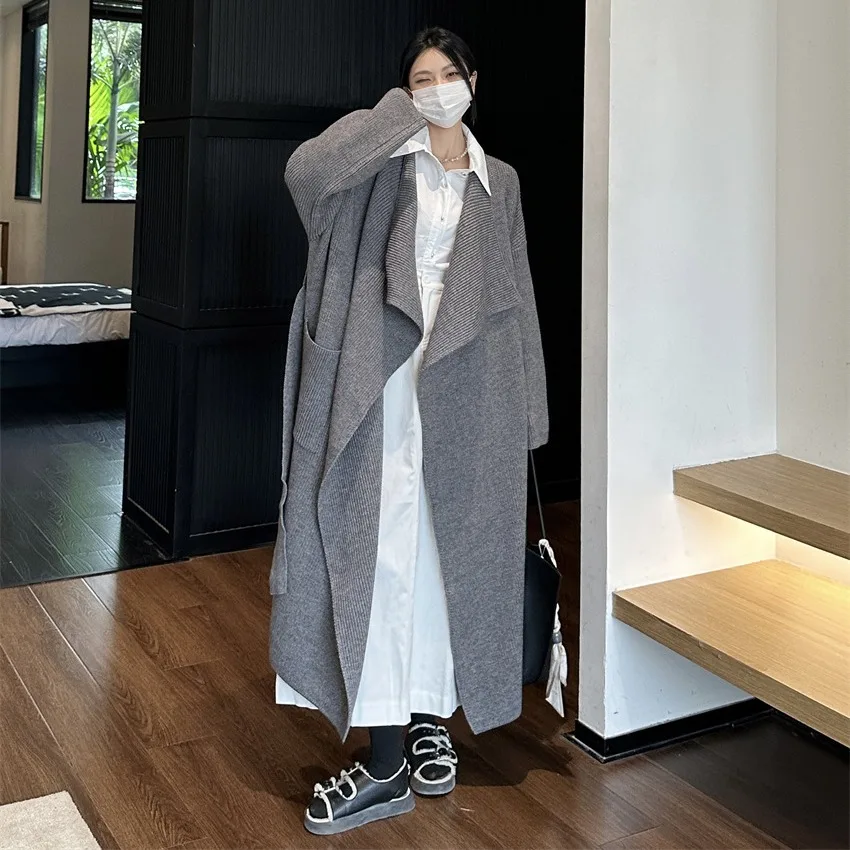 

Кардиган женский длинный свитер пальто вязаная куртка на шнуровке с карманами офисная женская осенне-зимняя вязаная верхняя одежда винтажный трикотаж