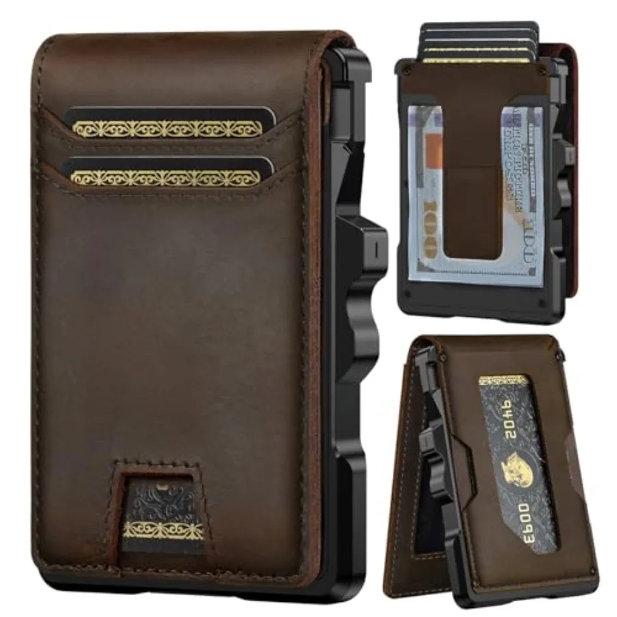 

Genuine Leather Wallet for Men: Slim RFID Minimalist Wallets with Money Clip - Smart Pop Up Credit Card Holder for Front Pocket