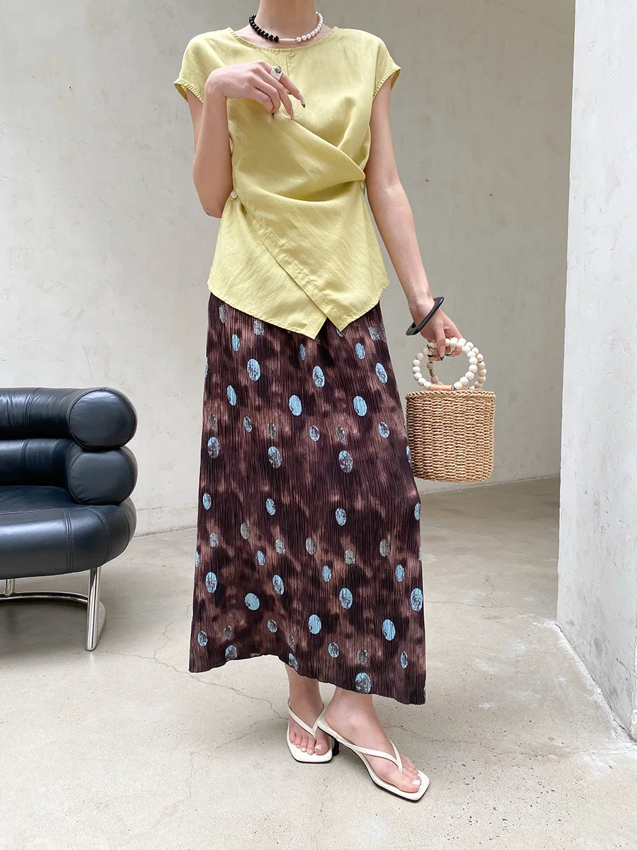 Sommerlicher Damenrock mit elastischem Bund, plissierter Textur, Retro-Print und geradem Schnitt – Detail 16