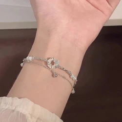 Sliver-plated Hotan Jade Bell Bracelet For Women Girl Double Layer Pearl Irregular Simple Jewelry Gift