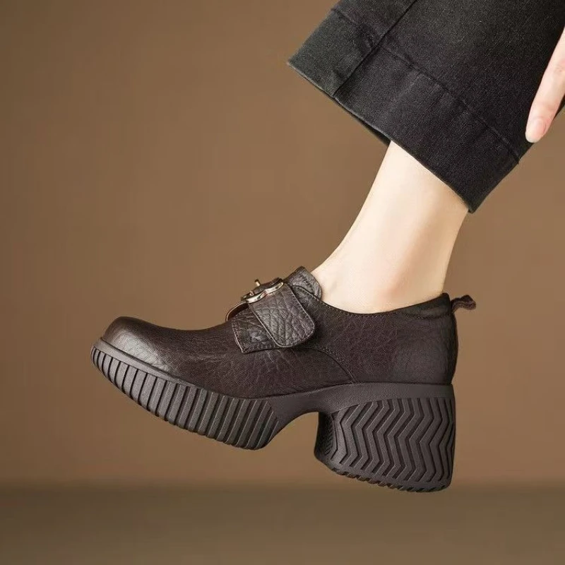 

Женские туфли на толстой подошве с круглым носком, с пряжкой, водонепроницаемые, на платформе, модные, универсальные, удобные, нескользящие, дышащие