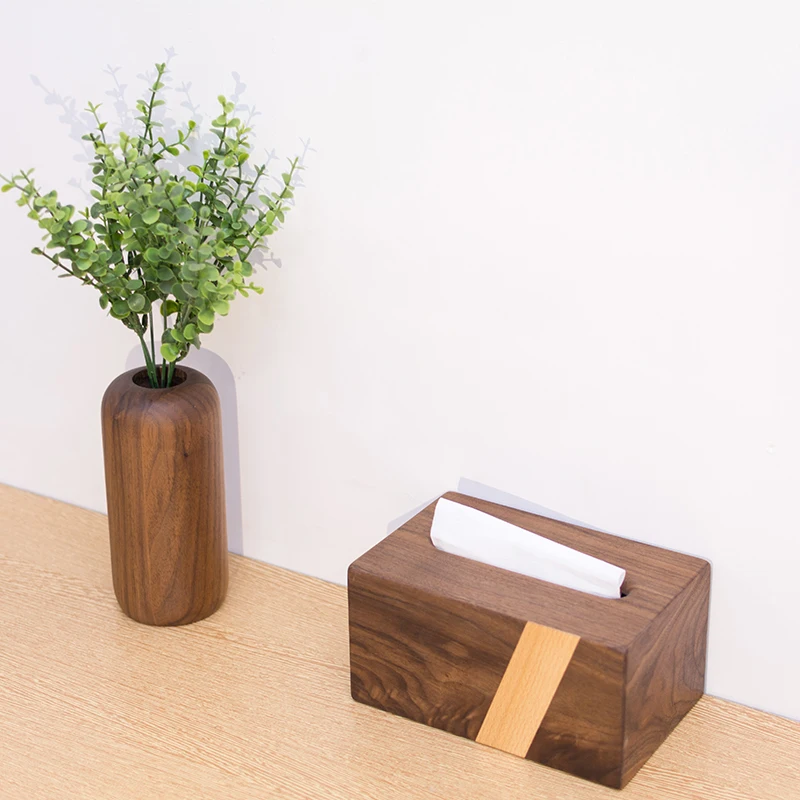 Japanese Style Rectangular Solid Wood Tissue Box Modern Living Room Coffee Table Black Walnut Drawer Home Decoration Accessories