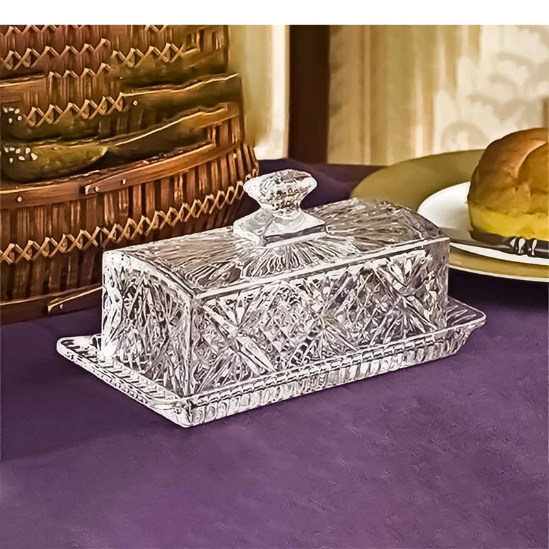 

Glass Keeping Box Butter Pan Rectangular Snack Desserts Tray with Lid Home Tableware Dish Preservation