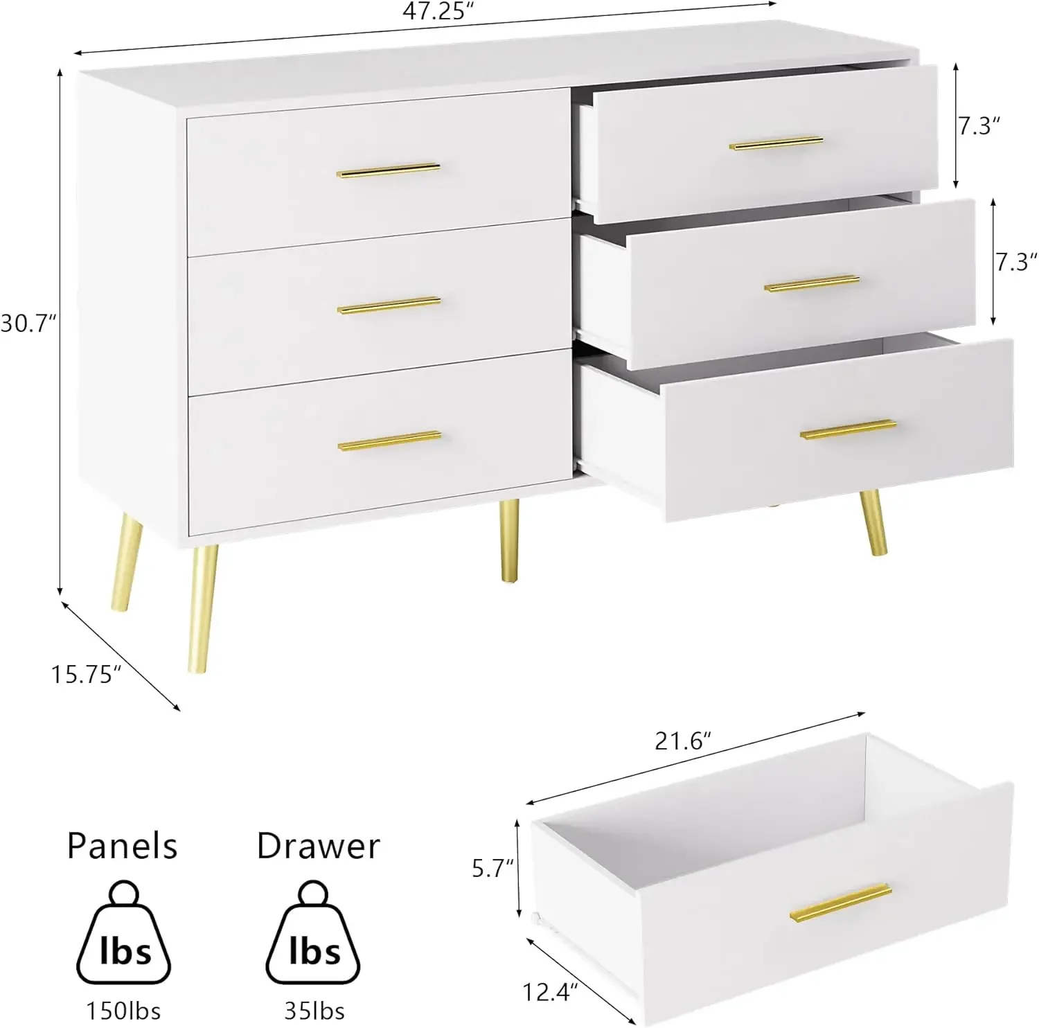 Commode blanche pour chambre à coucher, 6 commodes doubles MELWood avec Gold Foy, commode moderne de rangement, portes de proximité, entrée