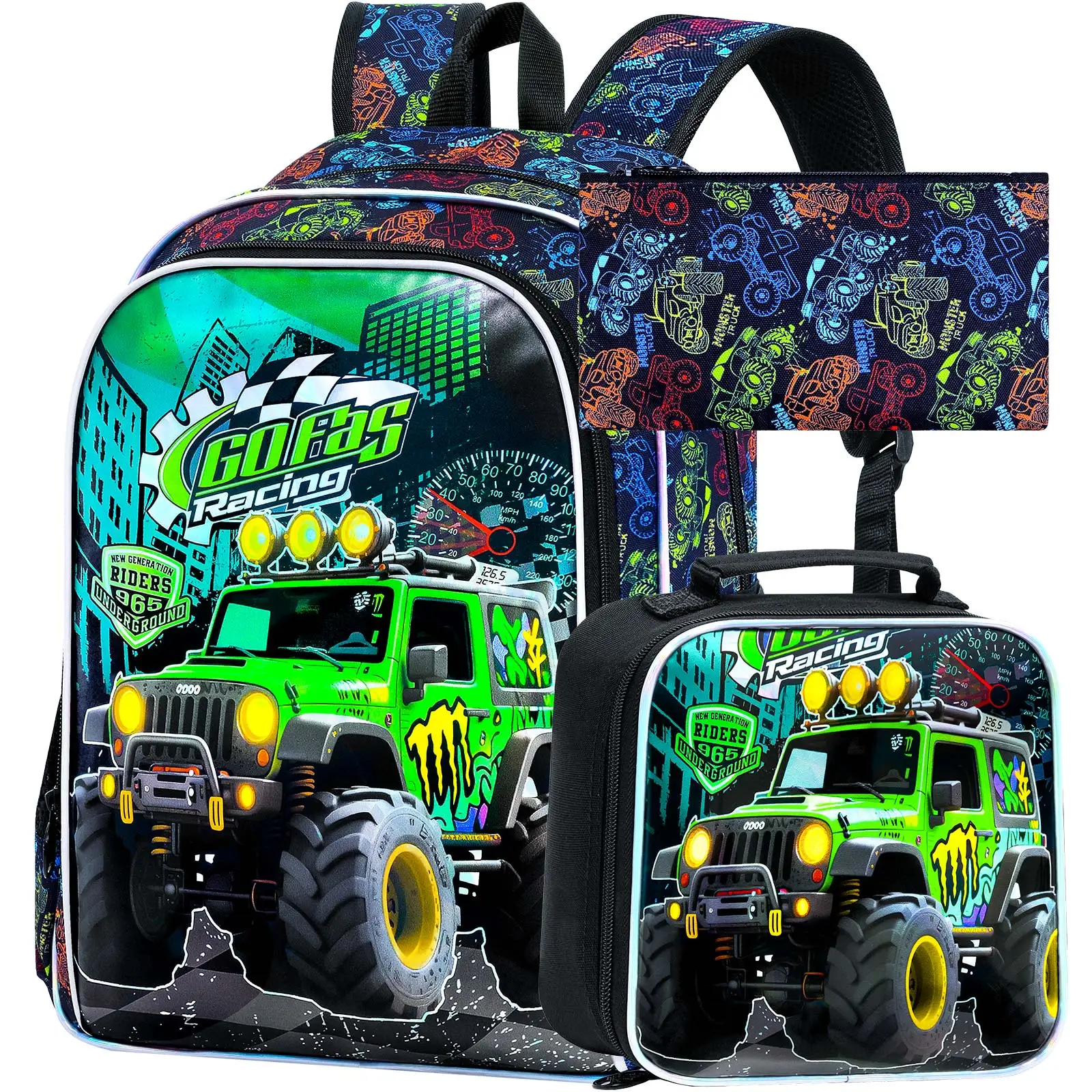 

3PCS Backpack for Boys, blue off-road vehicle Cool Elementary Kindergarten Backpacks Student backpacks essential