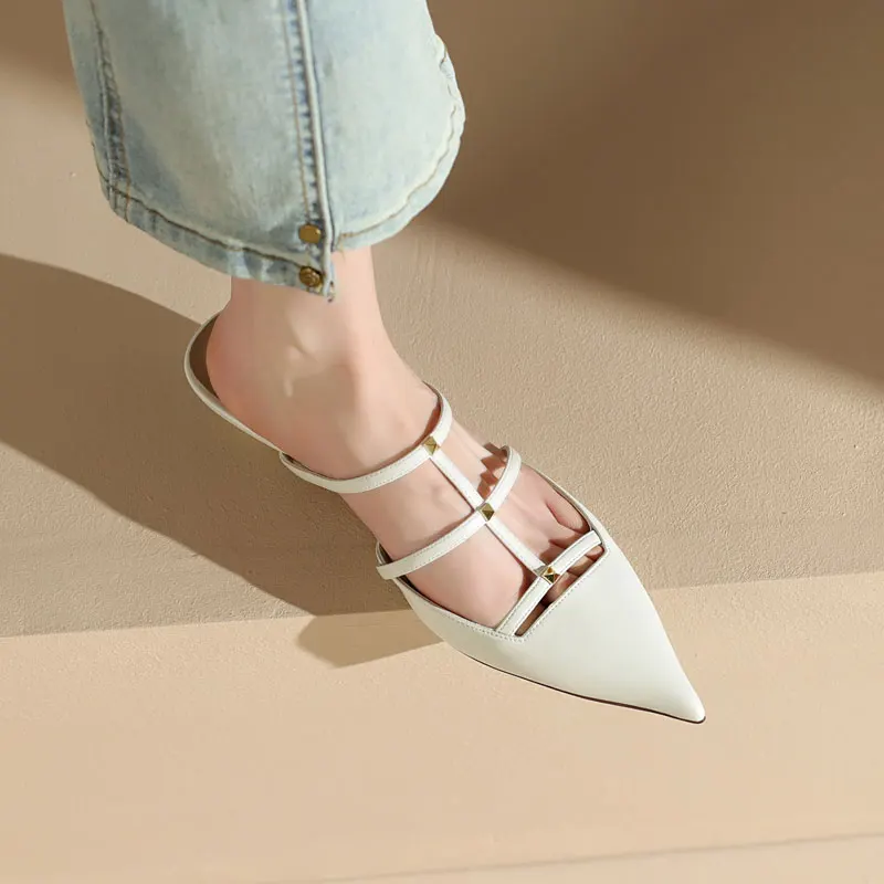 2024New Genuine Leather Pointed Rivet Sandals with Thin Band Headband Back Air Flat Shoes Fashion Outdoor Slippers Women's Shoes