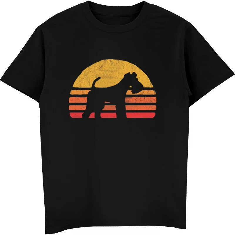 Fashion Summer Retro Sun Wire Hair Fox Terrier Silhouette T-shirt Vintage Shirt For Dog Lovers Tee Shirt Men Harajuku Streetwear