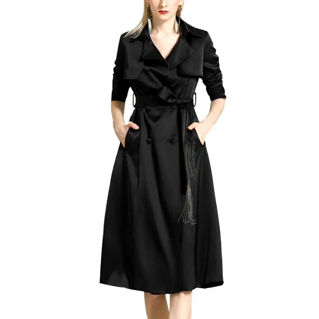 

Elegant Windbreaker Jacket for Women in Black Double-breasted Handsome Capable Waisted Acetic Satin Mid-length Goddess Style