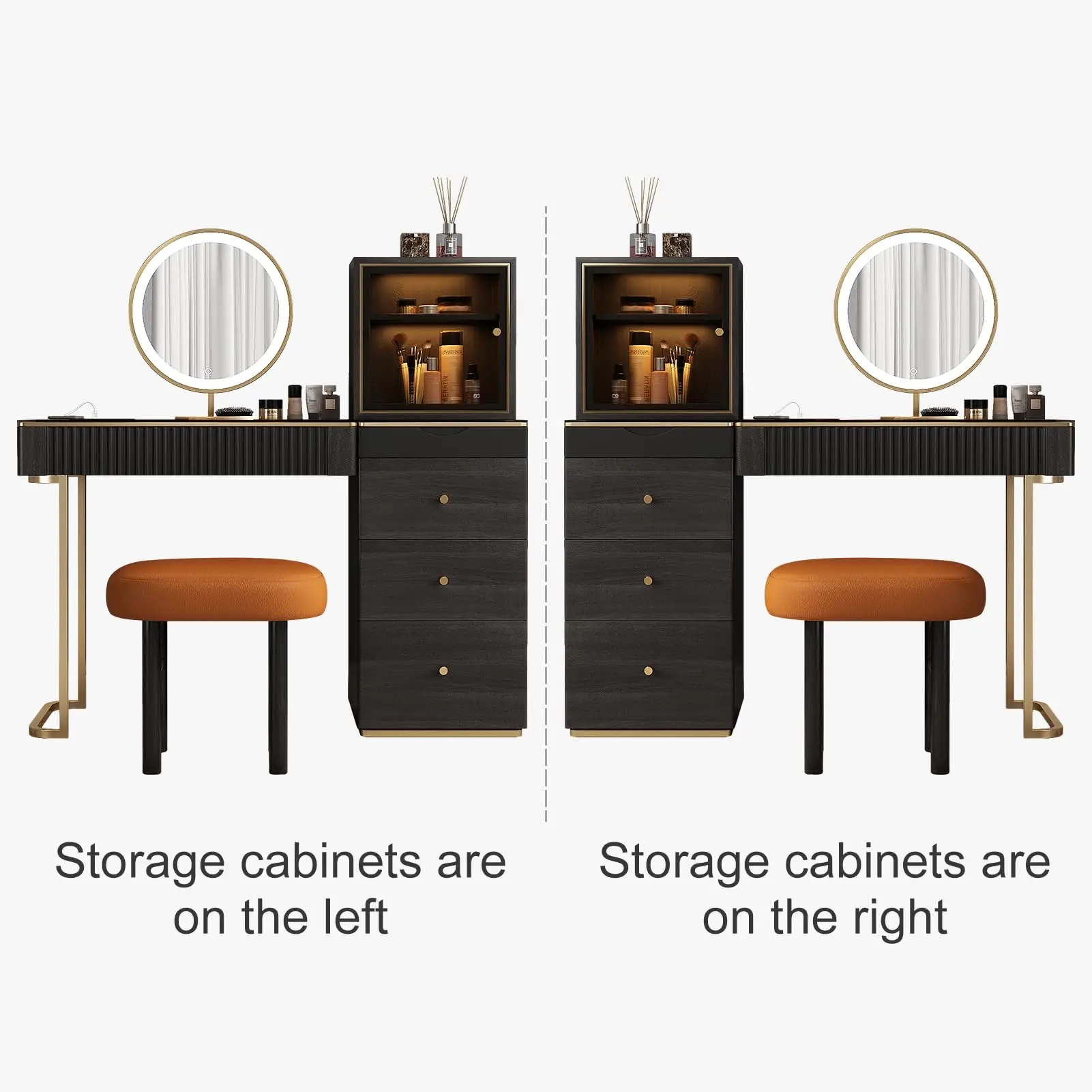 Premium Makeup Vanity Table, Storage Dressing Table,Vanity Desk,Dresser Set with Solid Wood upholstered Stool, LED