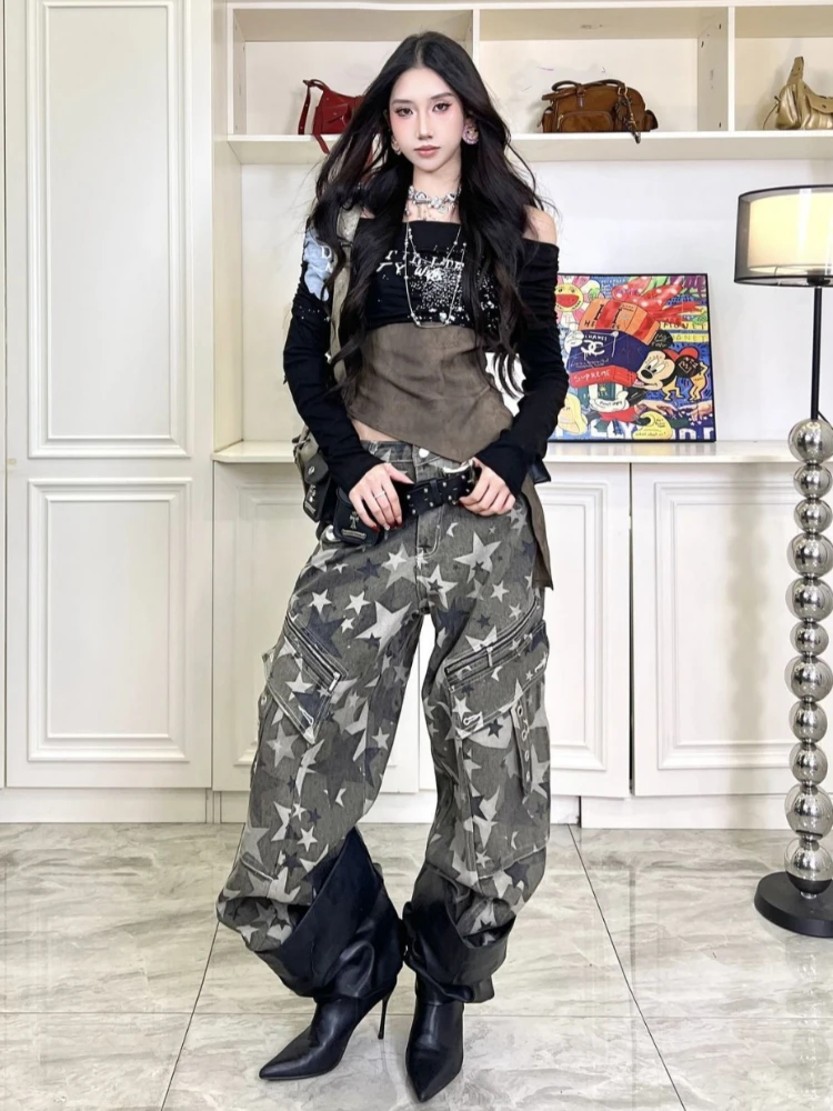 Camiseta negra de manga larga con hombros descubiertos con estampado de letras, con detalle de salpicaduras, Top corto gótico, camiseta informal de otoño para mujer