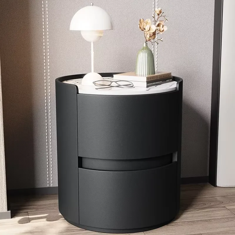 Round Bedside Table with 2 Drawers Simple Nightstand for Bedroom Hotel Furniture Modern End Table Storage Cabinet