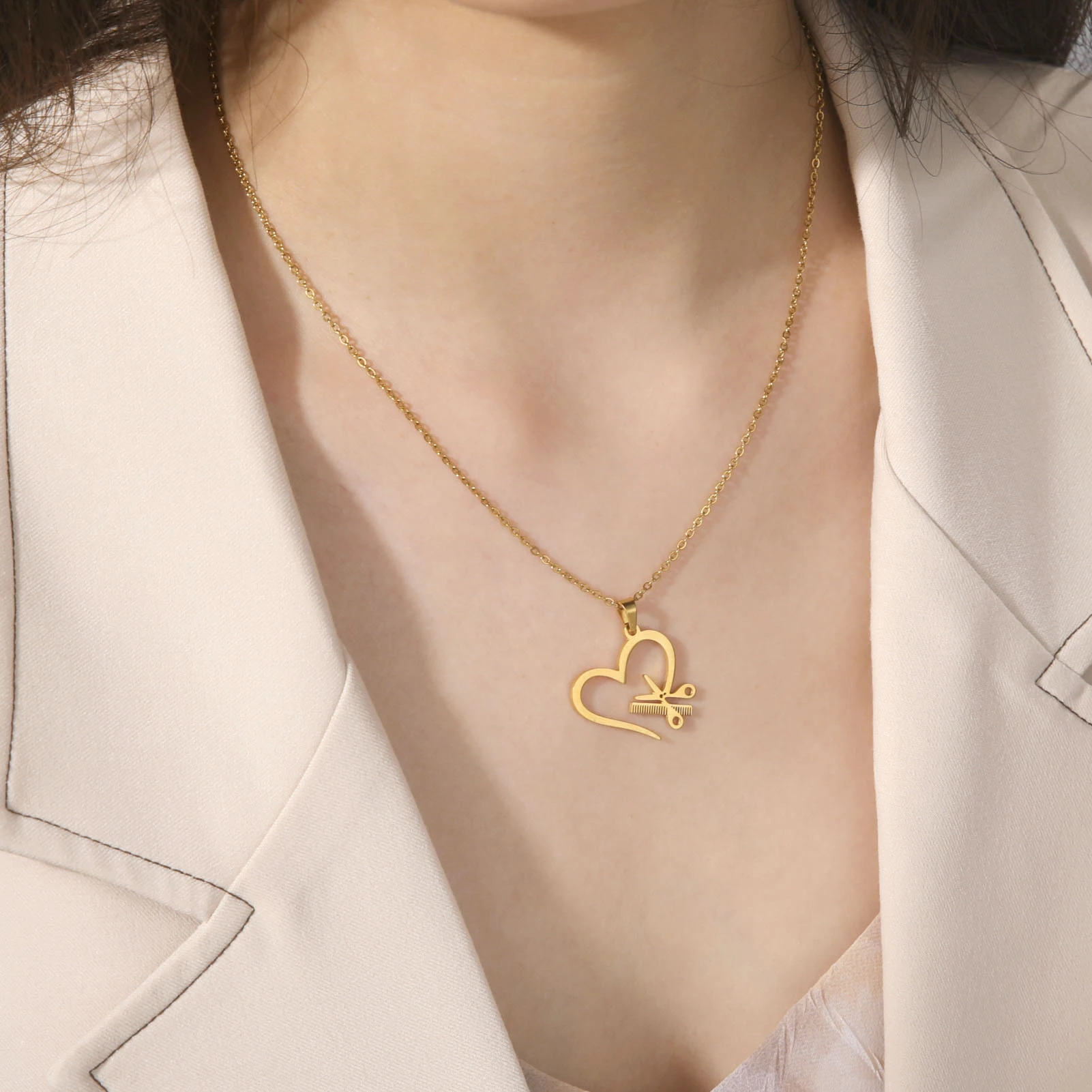 Unift Comb Scissor Necklace with Heart Stainless Steel Neck Chain 
