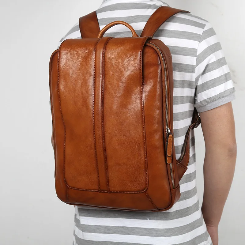 NZPJ Männer Leder Rucksack Natürliche Rindsleder Casual Computer Tasche Retro Hohe Kapazität Schule Tasche Trendy Männer Tasche Für 15,6 Zoll laptop – Detail 16