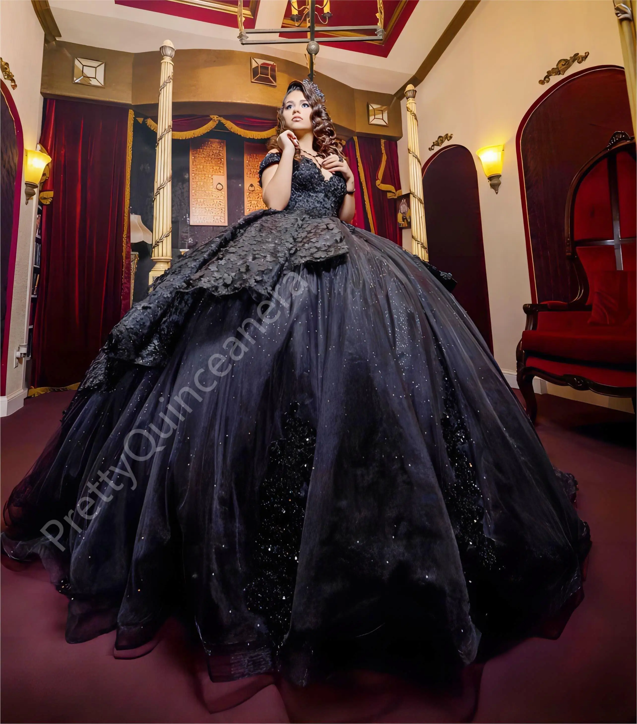 Black Charro Tiered Puffy Skirt Quinceanera Dresses Glitter Tulle 3D Flowers Lace Ball Gown Off Shoulder Lace Up Sweet 16 Dress