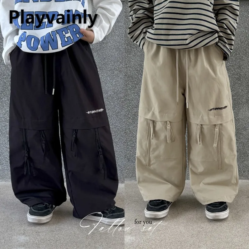 

Boys' Cargo Pants Khaki Black Letter Embroidery Zipper Design Loose Wide Leg Pants Children Casual Trousers for Autumn A5008