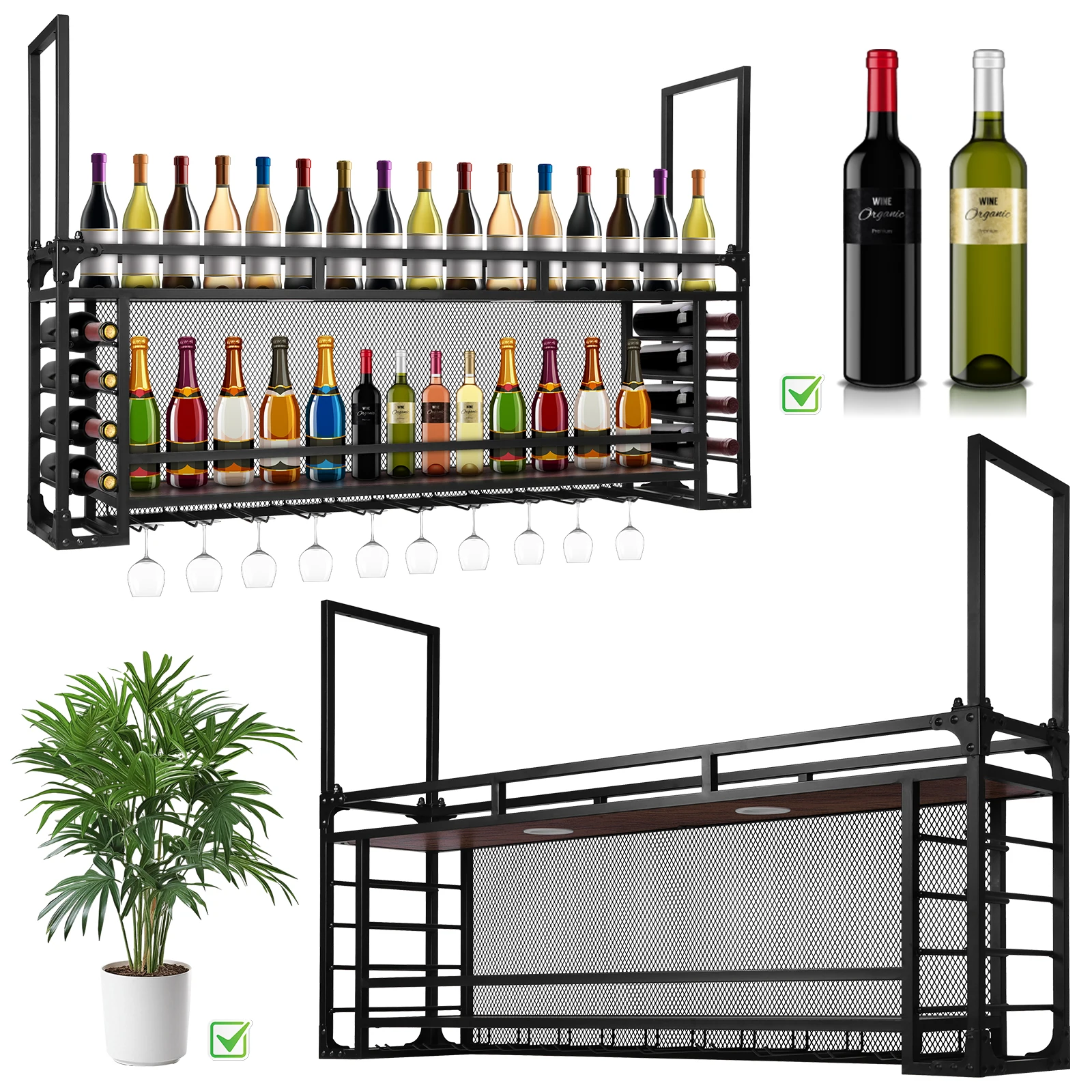 

Wall Mounted 2 -Tiers Large Capacity Wine Holder Simple Type With Light Wine Shelf Storag Wall Mounted For Bar Restaurant Indoor
